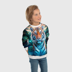 Свитшот с принтом Величественный тигр среди тропических пальм для ребенка, вид на модели спереди №3. Цвет основы: белый