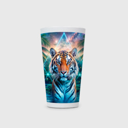 Кружка с принтом Величественный тигр среди тропических пальм для любого человека, вид спереди №2. Цвет основы: белый