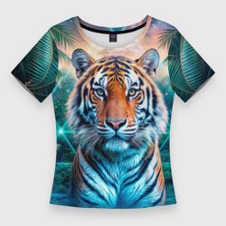 Величественный тигр среди тропических пальм  – Женская футболка 3D Slim с принтом купить