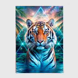 Величественный тигр среди тропических пальм  – Постер с принтом купить