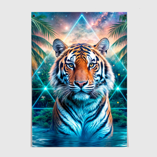 Постеры с принтом Величественный тигр среди тропических пальм, вид спереди №1