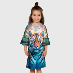 Платье с принтом Величественный тигр среди тропических пальм для ребенка, вид на модели спереди №3. Цвет основы: белый