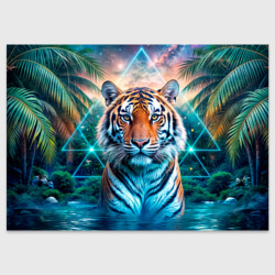 Величественный тигр среди тропических пальм  – Поздравительная открытка с принтом купить