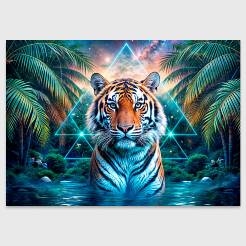 Поздравительная открытка с принтом Величественный тигр среди тропических пальм, вид спереди №1