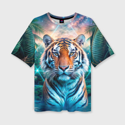 Величественный тигр среди тропических пальм  – Женская футболка oversize 3D с принтом купить со скидкой в -50%