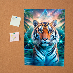 Постер с принтом Величественный тигр среди тропических пальм для любого человека, вид спереди №2. Цвет основы: белый