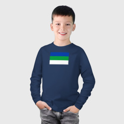 Лонгслив с принтом Флаг Коми для ребенка, вид на модели спереди №2. Цвет основы: темно-синий