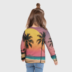 Лонгслив с принтом Винтажный пляж с пальмами для ребенка, вид на модели сзади №3. Цвет основы: белый