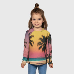 Лонгслив с принтом Винтажный пляж с пальмами для ребенка, вид на модели спереди №3. Цвет основы: белый