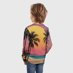 Лонгслив с принтом Винтажный пляж с пальмами для ребенка, вид на модели сзади №2. Цвет основы: белый