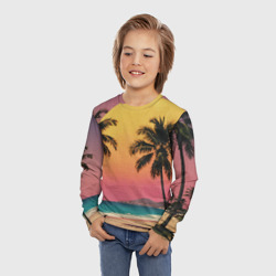 Лонгслив с принтом Винтажный пляж с пальмами для ребенка, вид на модели спереди №2. Цвет основы: белый