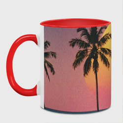 Кружка с принтом Винтажный пляж с пальмами для любого человека, вид спереди №2. Цвет основы: белый + красный