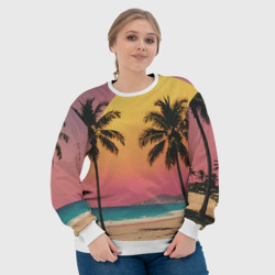 Свитшот с принтом Винтажный пляж с пальмами для женщины, вид на модели спереди №4. Цвет основы: белый