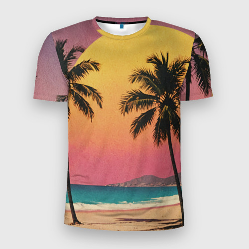 Мужская приталенная футболка с принтом Винтажный пляж с пальмами, вид спереди №1