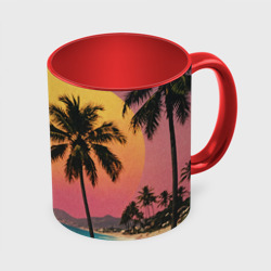 Кружка с принтом Винтажный пляж с пальмами для любого человека, вид спереди №3. Цвет основы: белый + красный