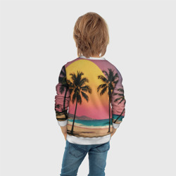 Свитшот с принтом Винтажный пляж с пальмами для ребенка, вид на модели сзади №3. Цвет основы: белый