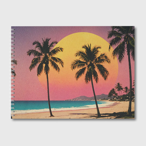 Альбом для рисования с принтом Винтажный пляж с пальмами, вид спереди №1