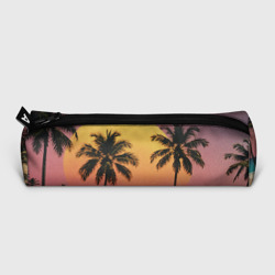 Пенал с принтом Винтажный пляж с пальмами для любого человека, вид сзади №1. Цвет основы: белый