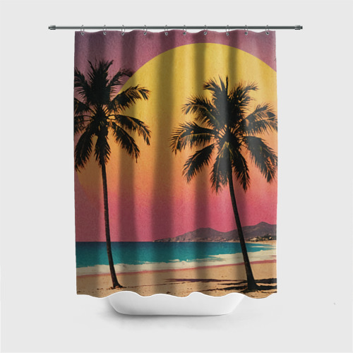 Штора для ванной с принтом Винтажный пляж с пальмами, вид спереди №1