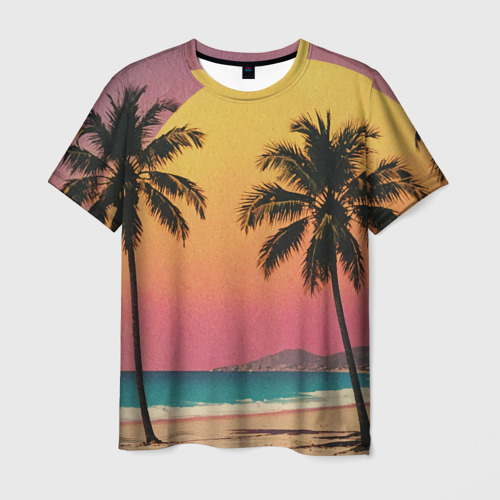 Мужская футболка с принтом Винтажный пляж с пальмами, вид спереди №1