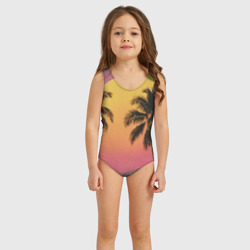 Купальник с принтом Винтажный пляж с пальмами для ребенка, вид на модели спереди №2. Цвет основы: белый
