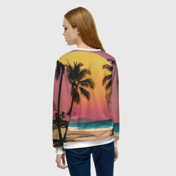 Свитшот с принтом Винтажный пляж с пальмами для женщины, вид на модели сзади №2. Цвет основы: белый