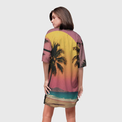 Платье с принтом Винтажный пляж с пальмами для женщины, вид на модели сзади №2. Цвет основы: белый