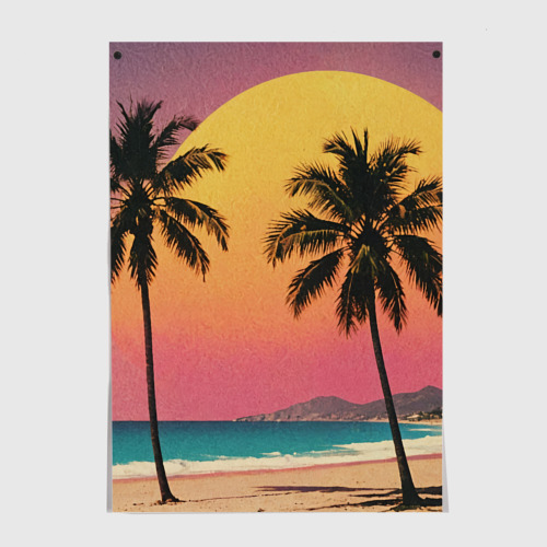 Постеры с принтом Винтажный пляж с пальмами, вид спереди №1