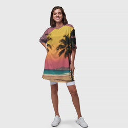 Платье с принтом Винтажный пляж с пальмами для женщины, вид на модели спереди №3. Цвет основы: белый