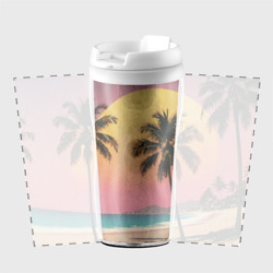 Термокружка с принтом Винтажный пляж с пальмами для любого человека, вид спереди №2. Цвет основы: белый