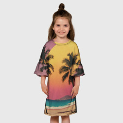 Платье с принтом Винтажный пляж с пальмами для ребенка, вид на модели спереди №3. Цвет основы: белый