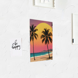Постер с принтом Винтажный пляж с пальмами для любого человека, вид спереди №3. Цвет основы: белый
