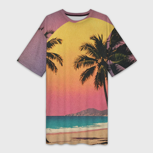 Платье-футболка с принтом Винтажный пляж с пальмами, вид спереди №1