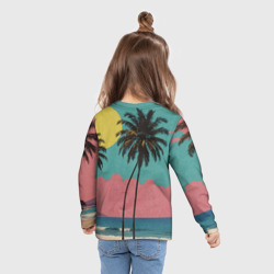 Лонгслив с принтом Ретро пляж с пальмами для ребенка, вид на модели сзади №3. Цвет основы: белый