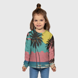 Лонгслив с принтом Ретро пляж с пальмами для ребенка, вид на модели спереди №3. Цвет основы: белый