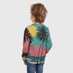 Лонгслив с принтом Ретро пляж с пальмами для ребенка, вид на модели сзади №2. Цвет основы: белый