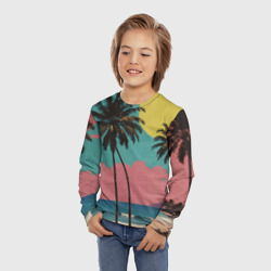 Лонгслив с принтом Ретро пляж с пальмами для ребенка, вид на модели спереди №2. Цвет основы: белый