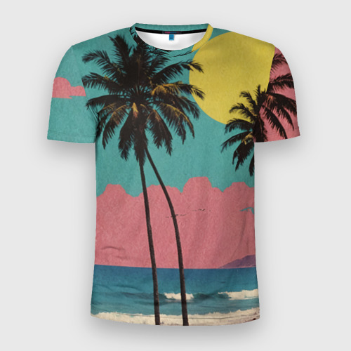 Мужская приталенная футболка с принтом Ретро пляж с пальмами, вид спереди №1