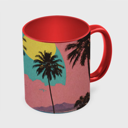Кружка с принтом Ретро пляж с пальмами для любого человека, вид спереди №3. Цвет основы: белый + красный