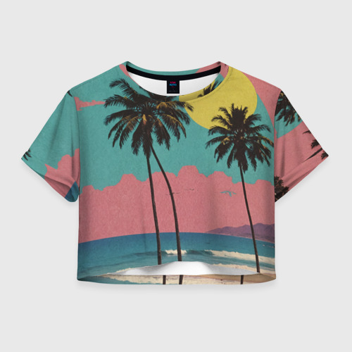 Женская футболка Crop-top с принтом Ретро пляж с пальмами, вид спереди №1