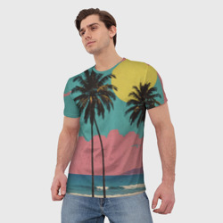 Футболка с принтом Ретро пляж с пальмами для мужчины, вид на модели спереди №2. Цвет основы: белый