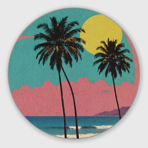 Круглый коврик для мышки с принтом Ретро пляж с пальмами, вид спереди №1