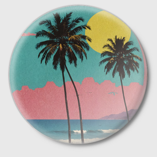 Значок с принтом Ретро пляж с пальмами, вид спереди №1