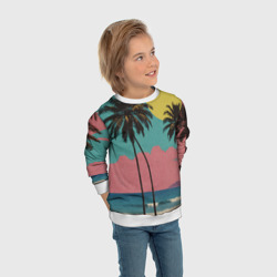 Свитшот с принтом Ретро пляж с пальмами для ребенка, вид на модели спереди №3. Цвет основы: белый