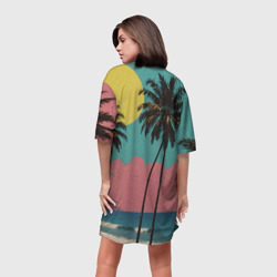 Платье с принтом Ретро пляж с пальмами для женщины, вид на модели сзади №2. Цвет основы: белый