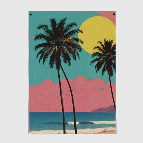Постеры с принтом Ретро пляж с пальмами, вид спереди №1