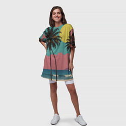 Платье с принтом Ретро пляж с пальмами для женщины, вид на модели спереди №3. Цвет основы: белый