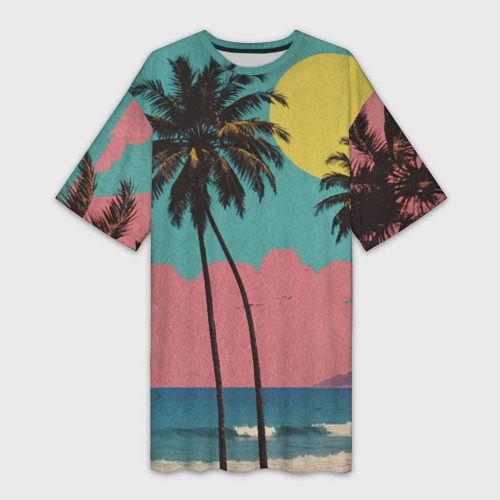 Платье-футболка с принтом Ретро пляж с пальмами, вид спереди №1