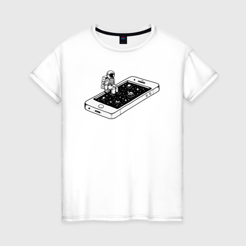 Женская футболка из хлопка с принтом Космическая связь, вид спереди №1