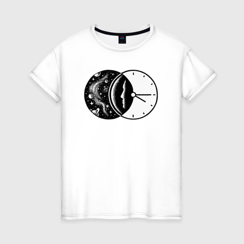 Женская футболка из хлопка с принтом Космическое время, вид спереди №1